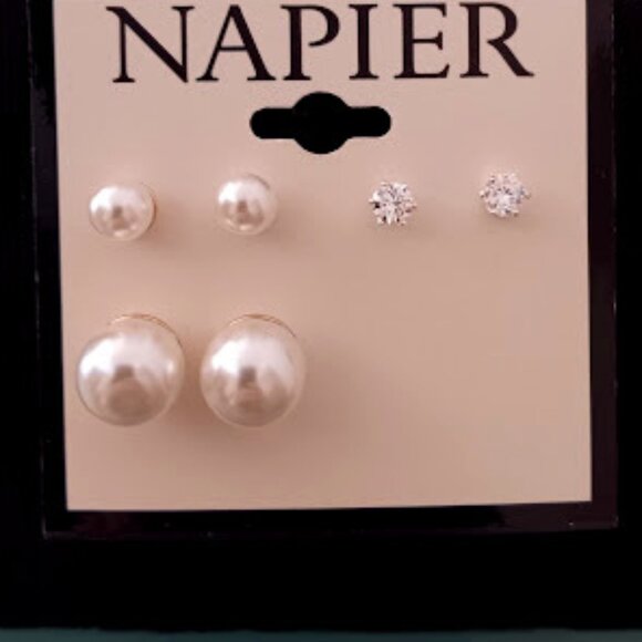 NAPIER 3pc SET Contemporary Gold White Pearl/Clear CZ Stone Stud Earrings**NEW! - Picture 2 of 3